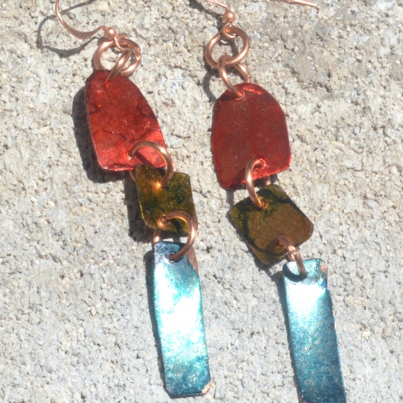 Primitive Brutalist Copper Earrings Boho Gift Chartreuse Festival Handmade - Picture 7 of 10